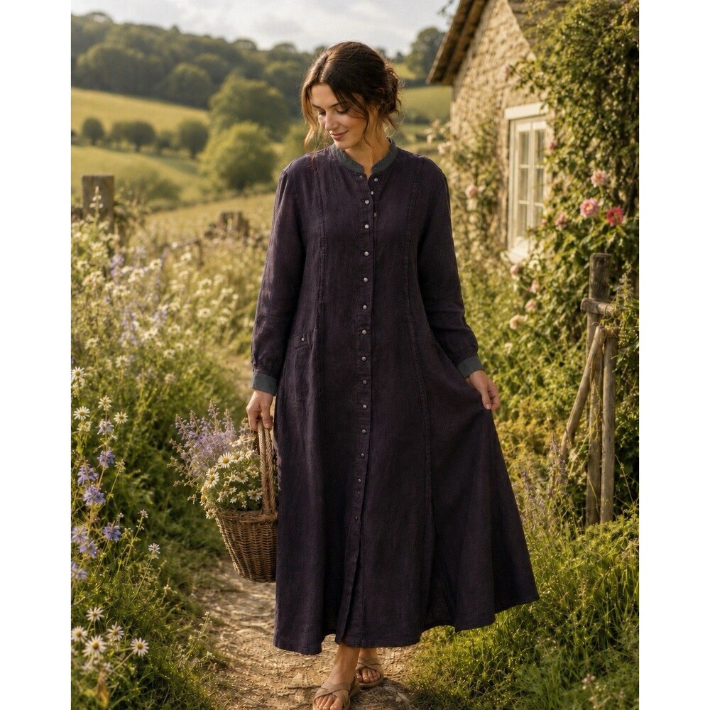 Flax by Jeanne Engelhart Linen Snap Button Front Duster Dress Sz Large Purple